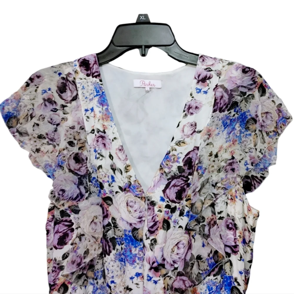 Parker Gabriella Floral Silk Shirt Sleeve Mini Dress Women's Size Medium M - Picture 7 of 14